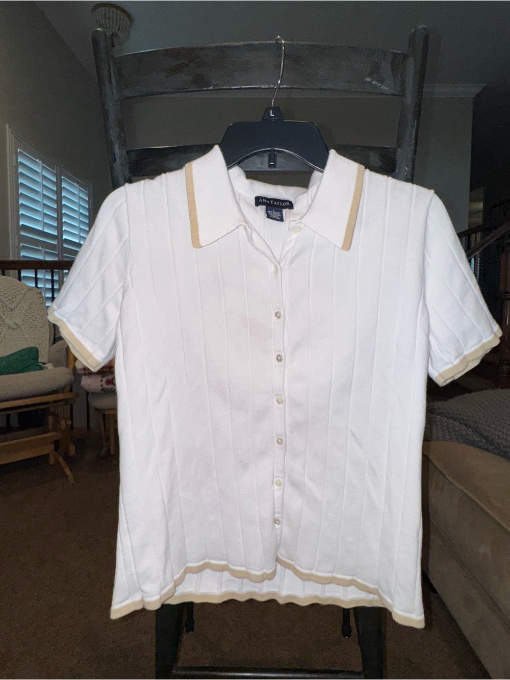 Ann Taylor White Knit Polo with Beige Trim